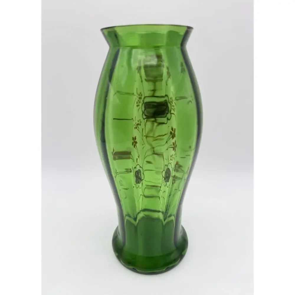 Antique Victorian Green Optic Art Glass Vase 8.5” Hand Painted Orange Florals